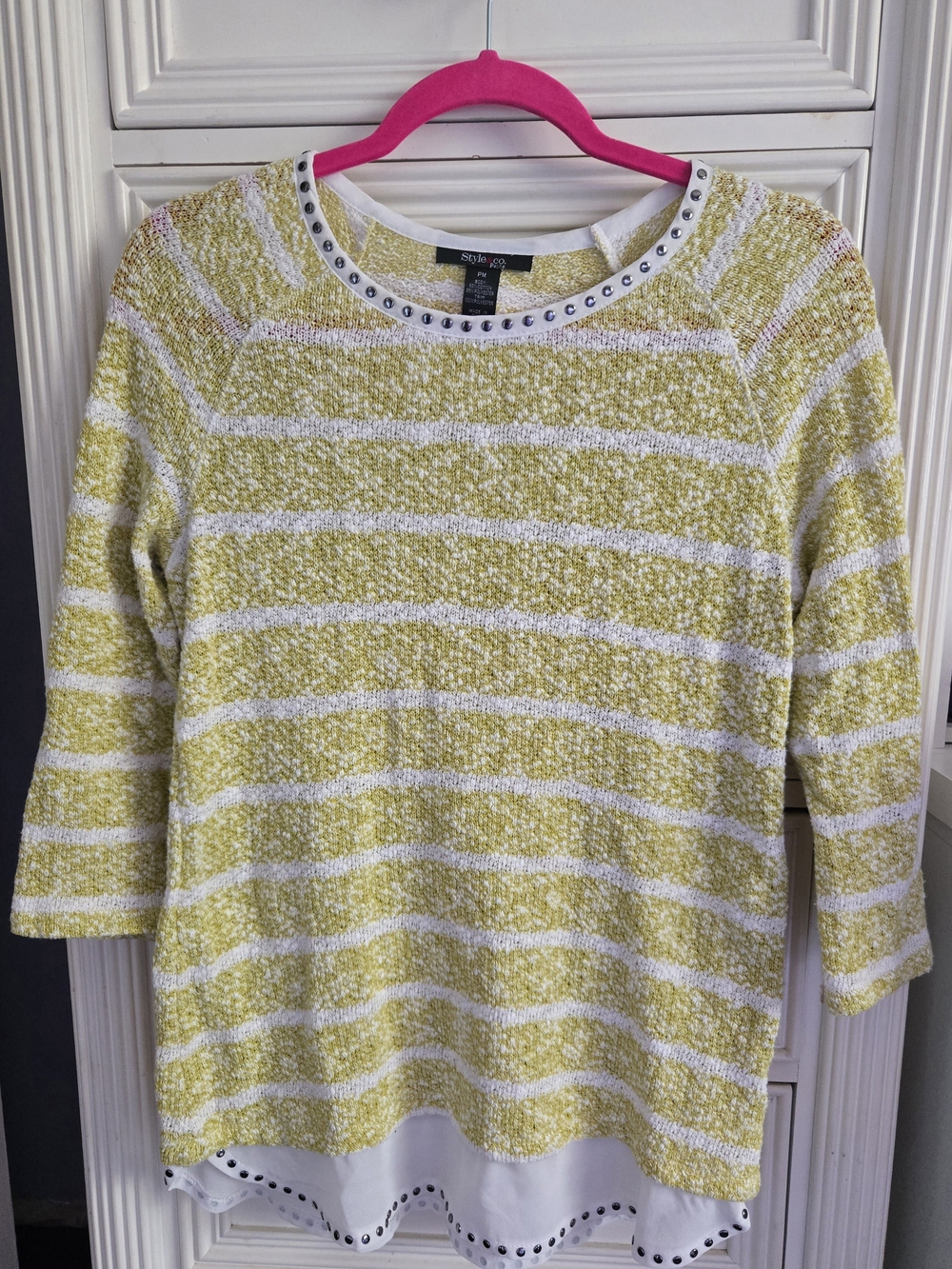 Style & Co. Yellow and White Striped Stud-Trim Sweater Top Size Petite M